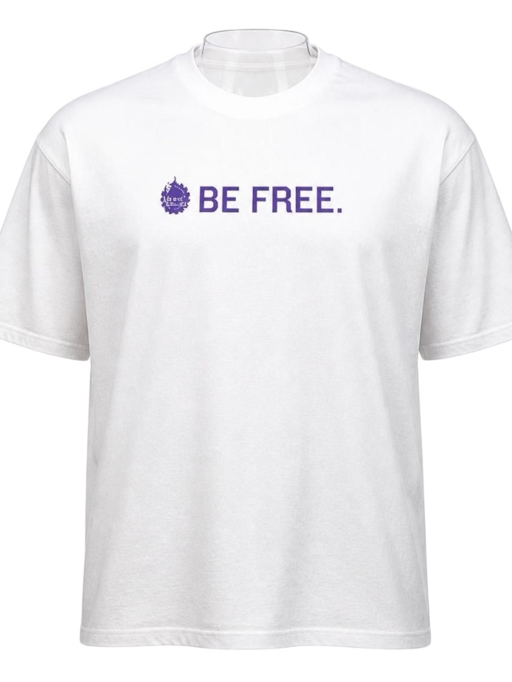 Planet Fitness White Tee with Purple "BE FREE." Graphic and Logo